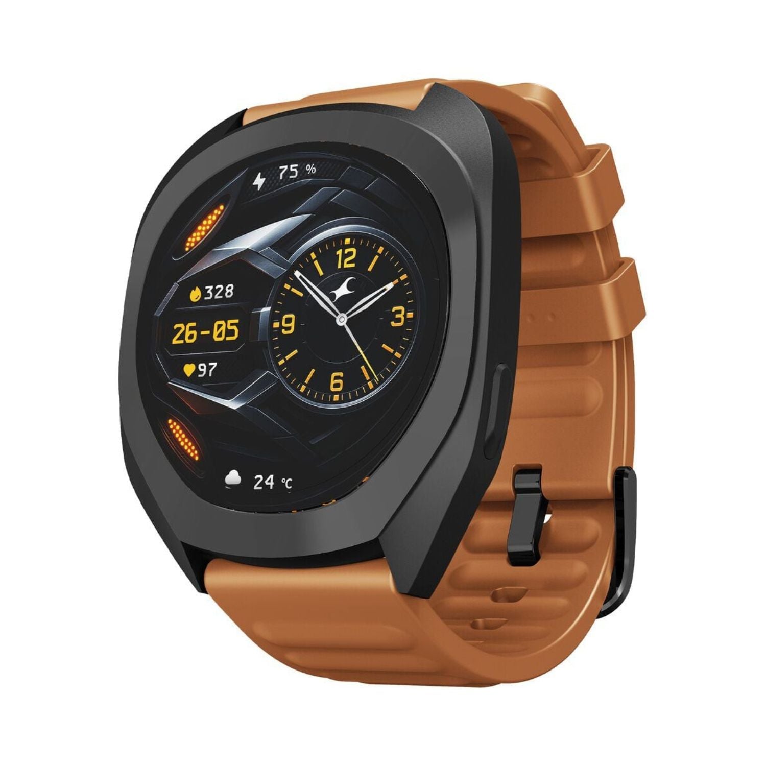 Black and tan brown smartwatch with 1.32" AMOLED display and silicone strap